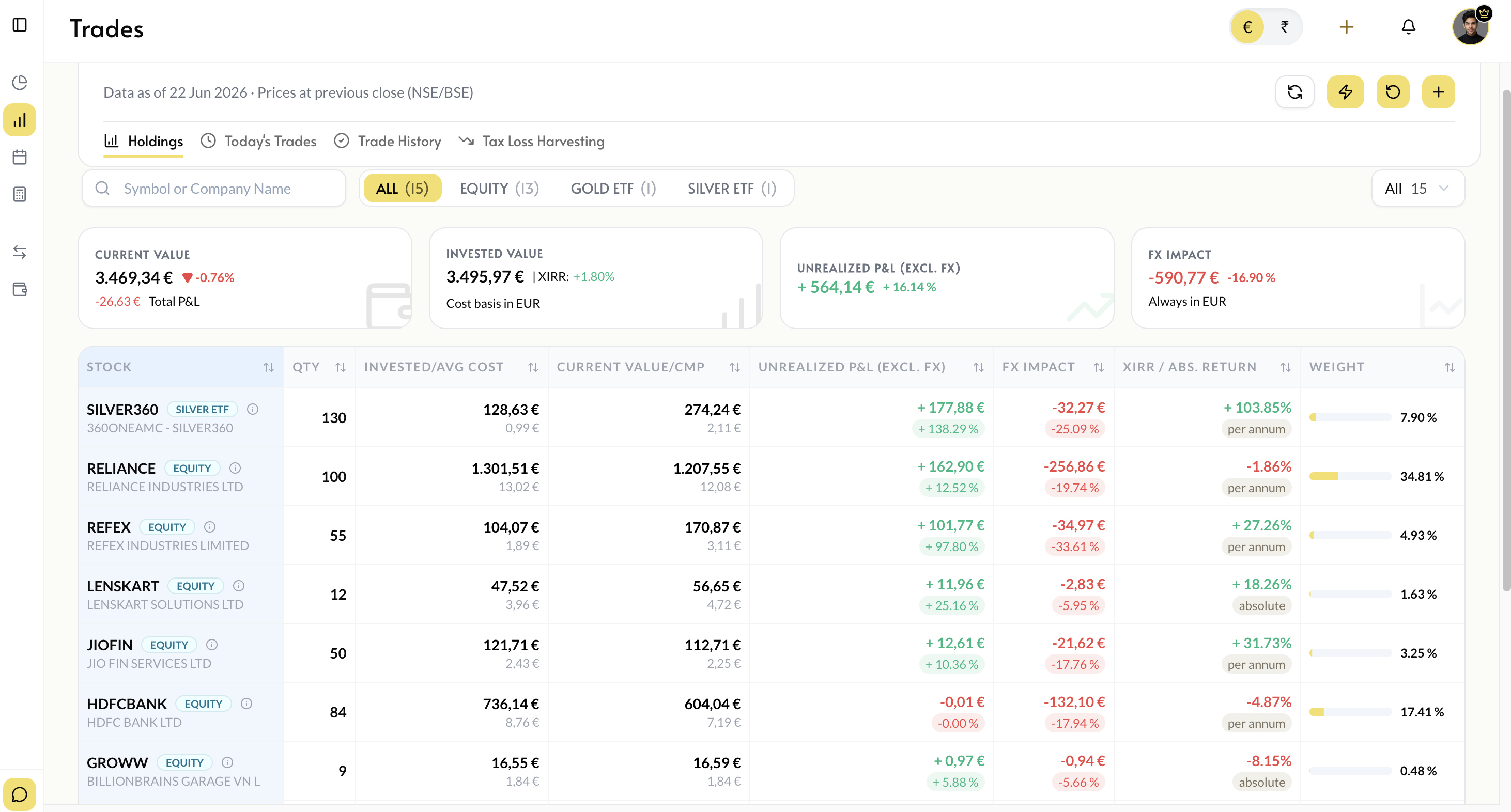 Holdings view with portfolio valued in EUR